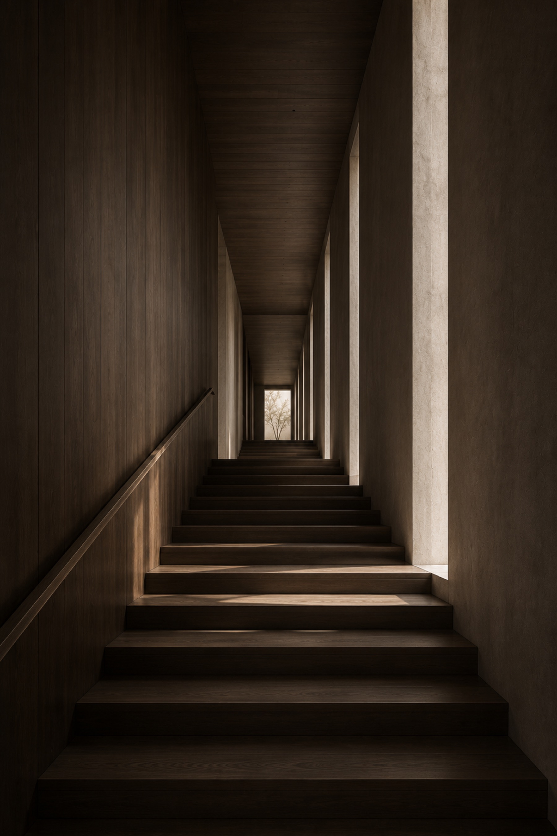 Stairs rising toward a lit opening