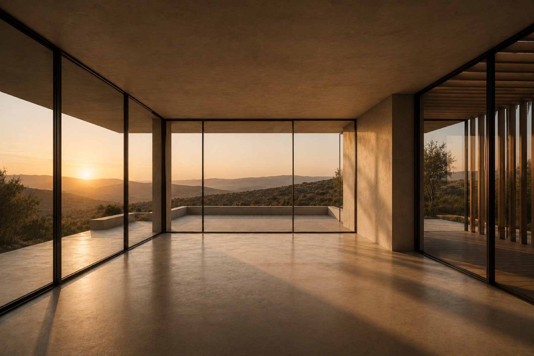 A room filled with low evening sun