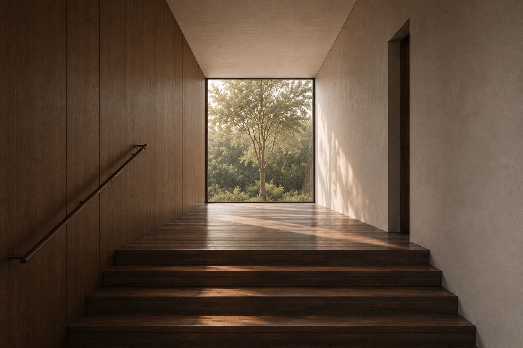 Stairs leading to a window framing a single tree