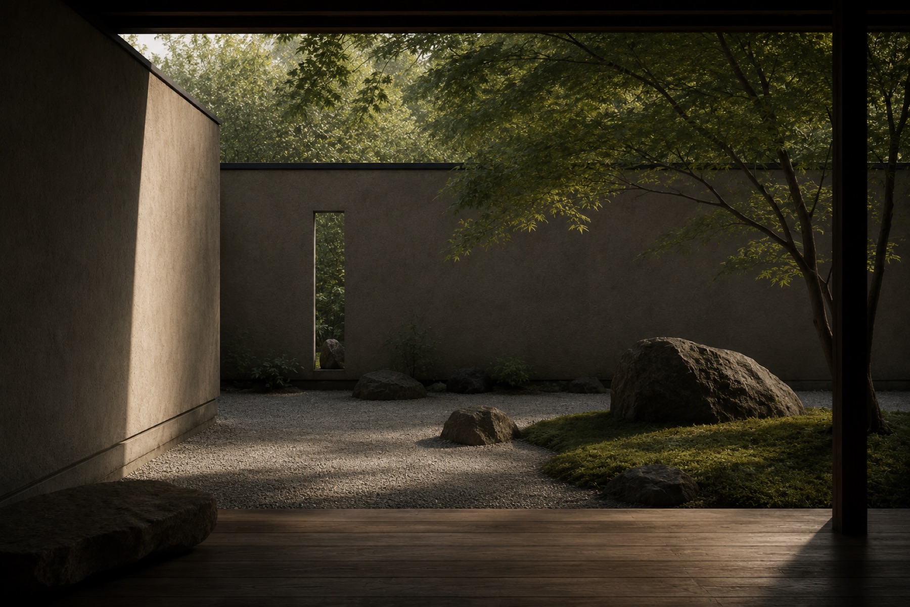 A still courtyard garden of gravel, moss and stone